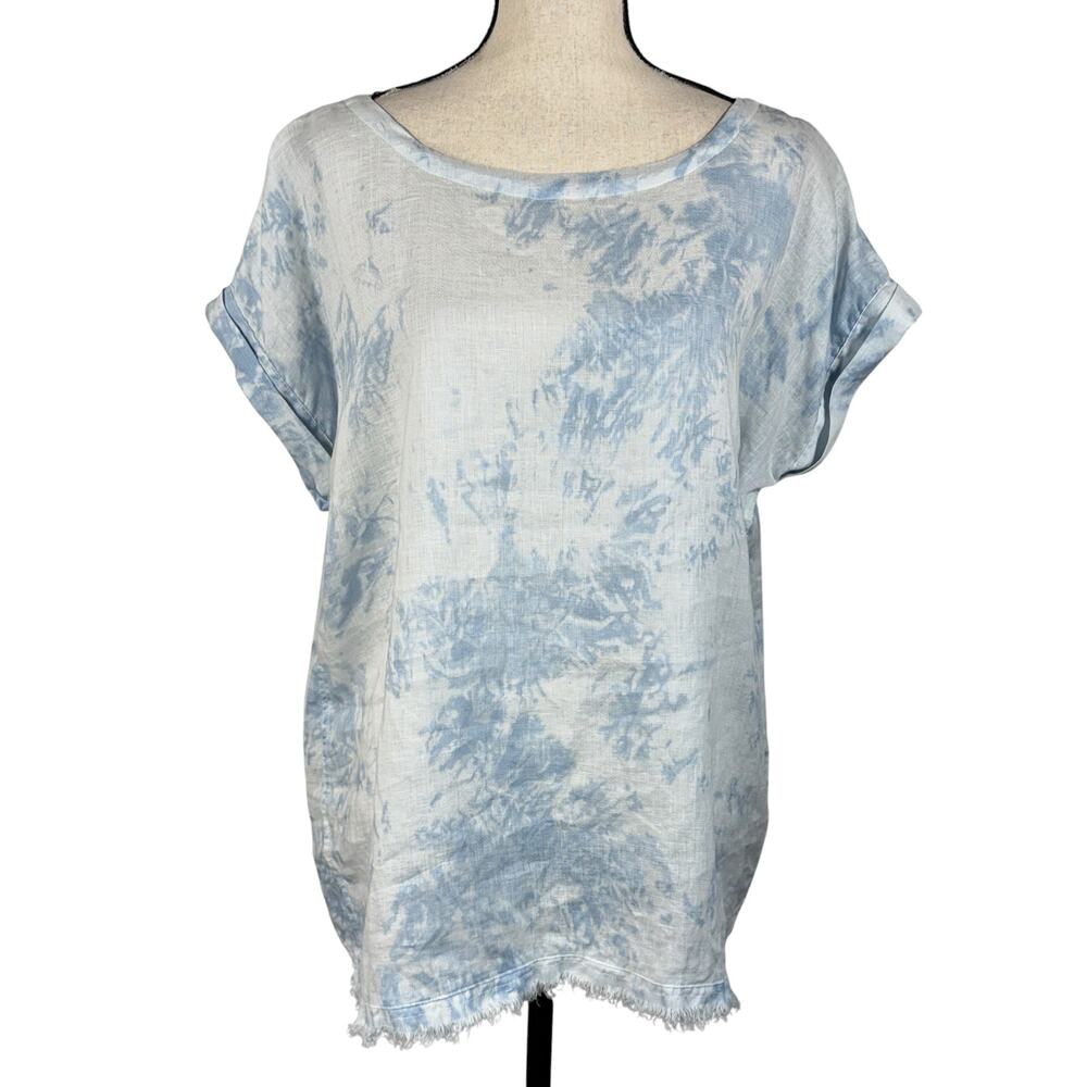 Magaschoni Large Linen Top Tie-Dye Fringe Hem Dolman Sleeves Semi-Sheer Pullover